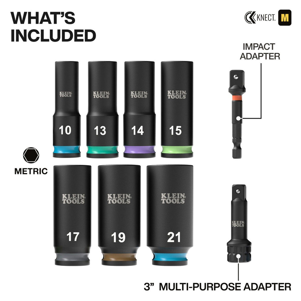 Klein 65109IMPCTM Deep-Well 3/8-Inch Drive Impact Socket Set, Metric, 6-Point Hex with Adapters and MODbox Compatible Case (9-Piece) - 4
