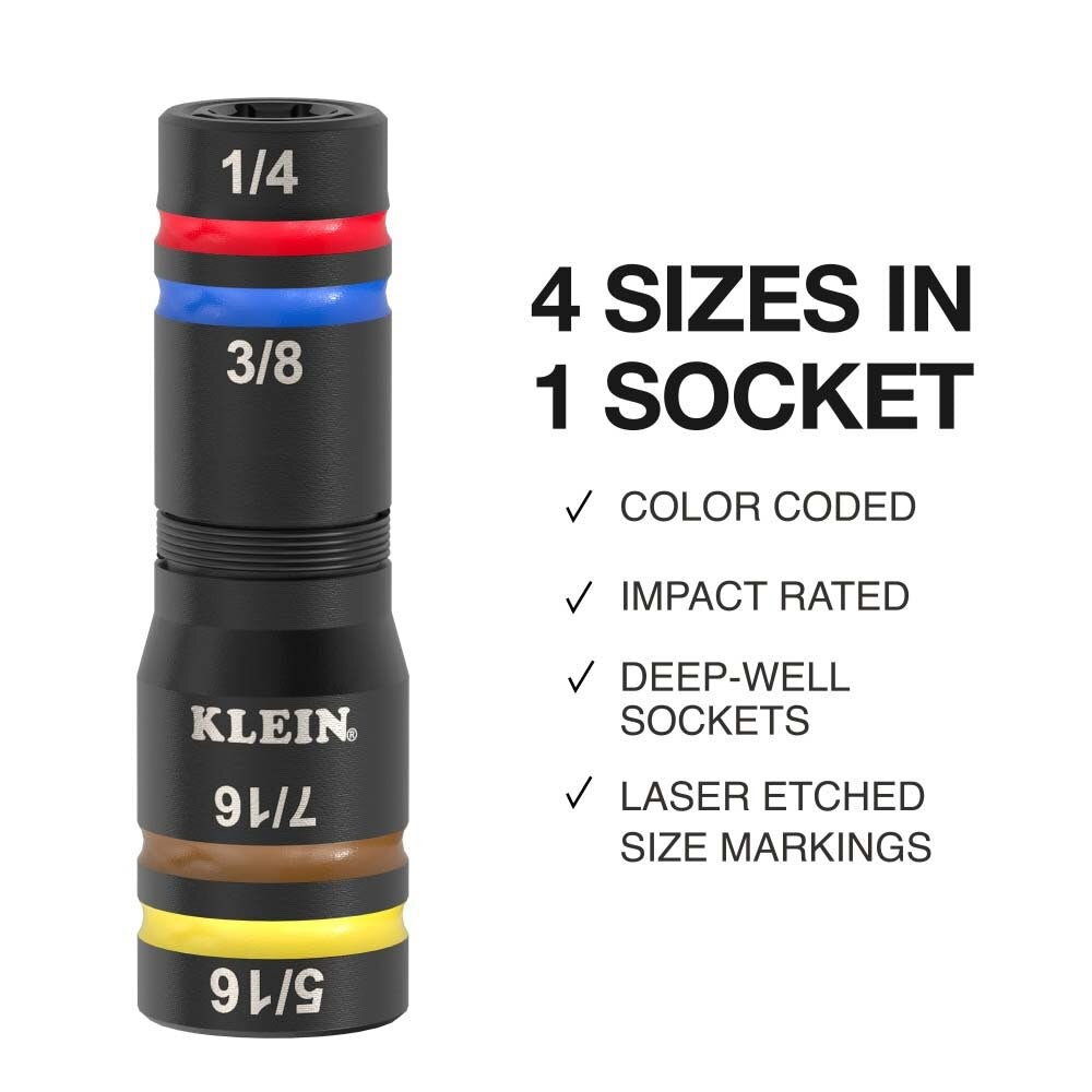 Klein 652QS Quad-8 Deep-Well Heavy-Duty Impact Flip Sockets, SAE (3 Piece) - 2