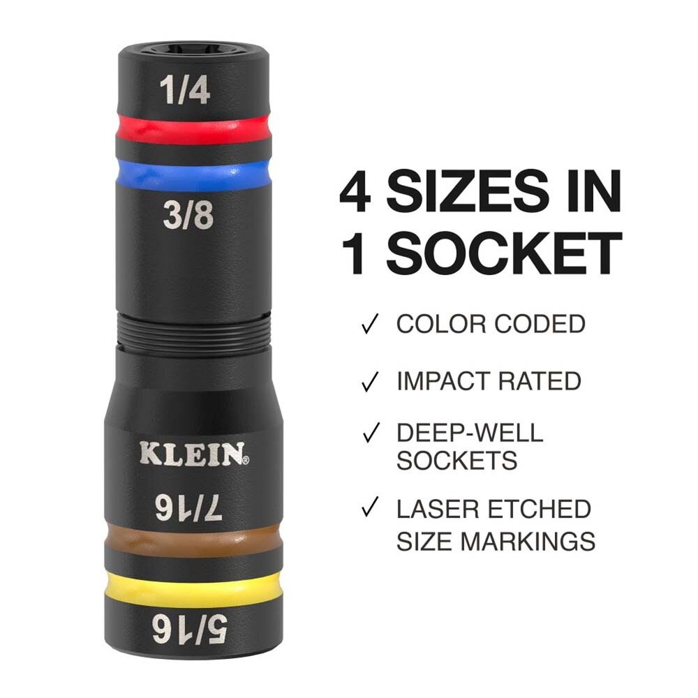 Klein 654QS KNECT Quad-16 Heavy-Duty Impact Flip Sockets, SAE and Metric, 6-Piece - 2