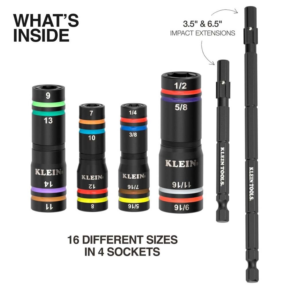 Klein 654QS KNECT Quad-16 Heavy-Duty Impact Flip Sockets, SAE and Metric, 6-Piece - 4