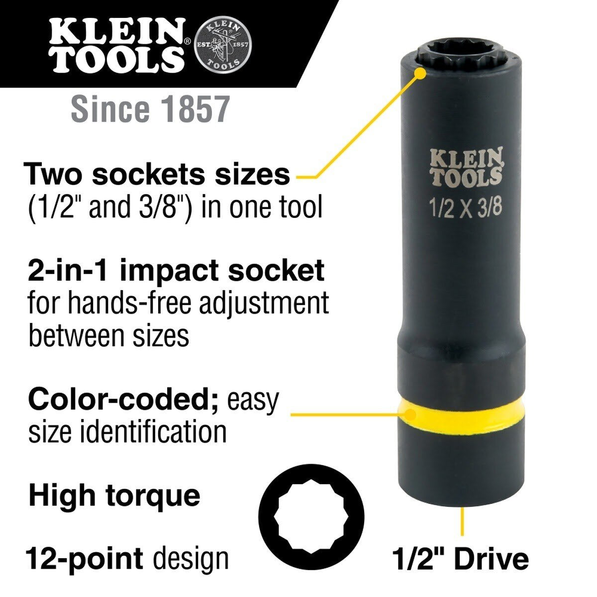 Klein 66016 2-in-1 Impact Socket, 12-Point, 1-1/8 and 15/16-Inch - 2