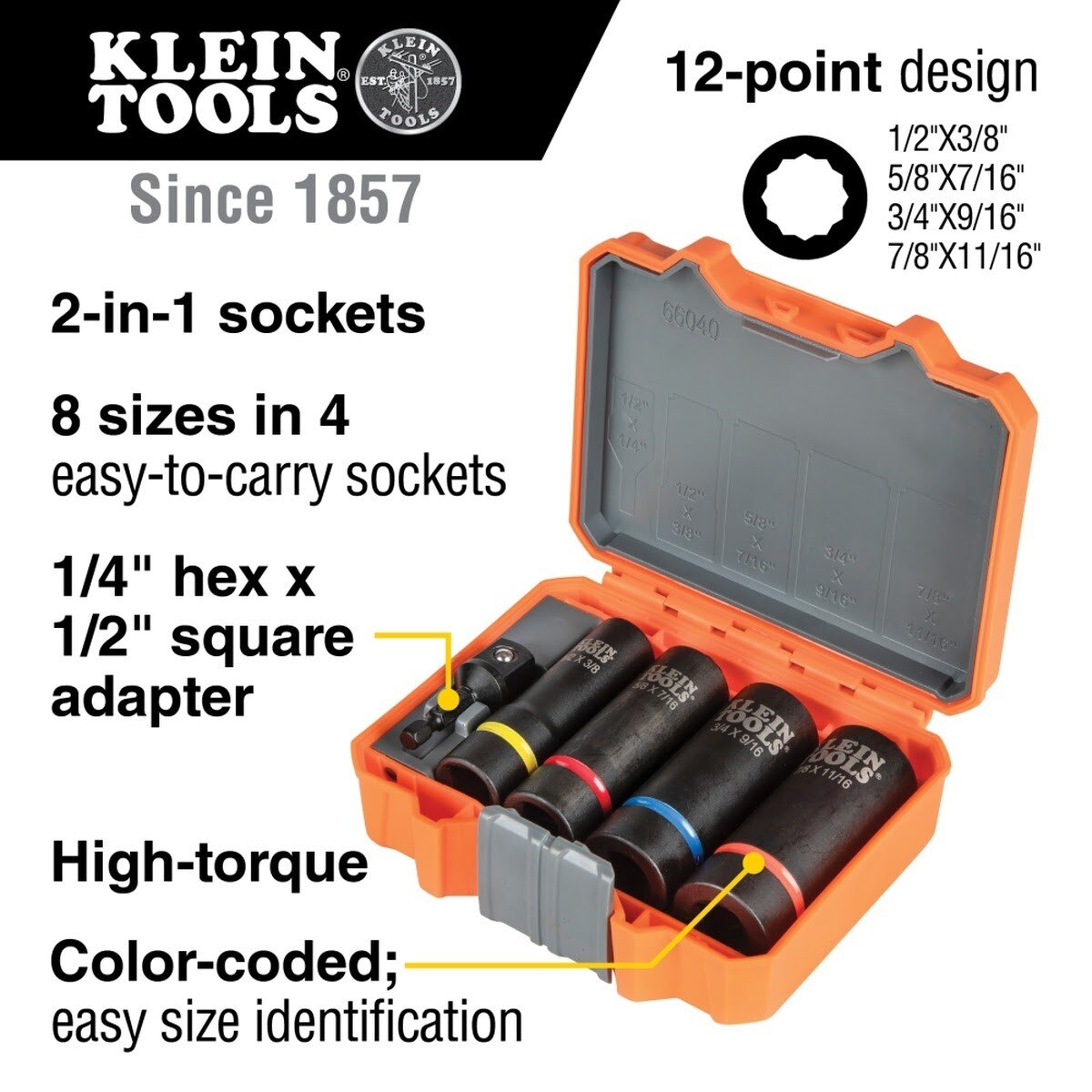 Klein 66040 2-in-1 12-Point Impact Socket Set with Adapter and Case (5 Piece) - 6