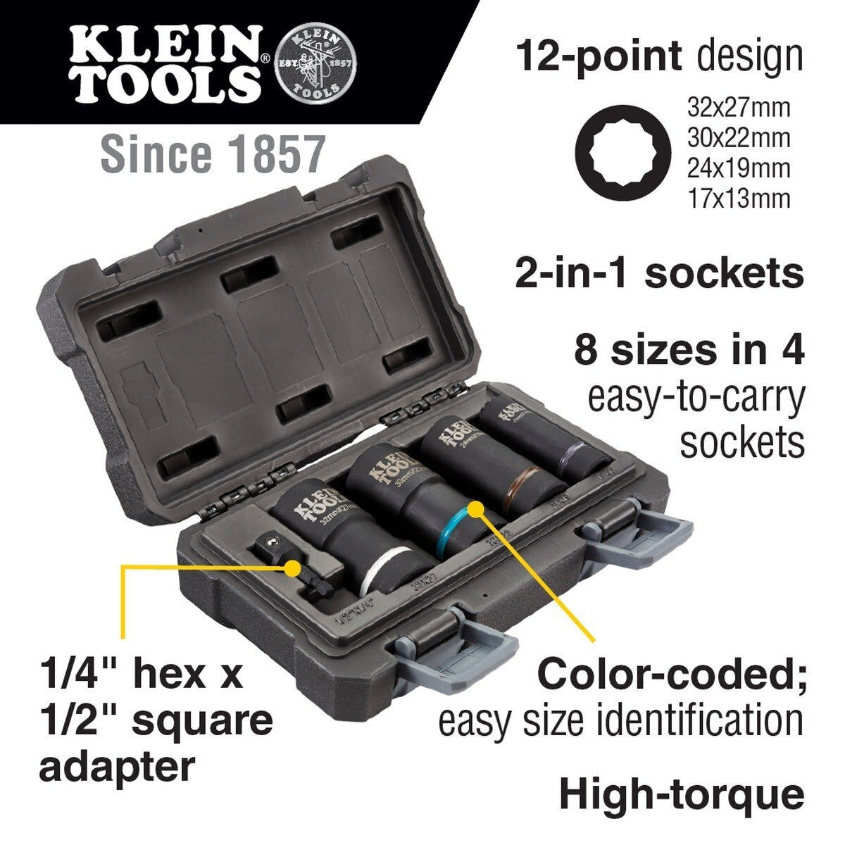 Klein 66050E 2-in-1 Metric Impact Socket Set, 12-Point (5 Piece) - 2