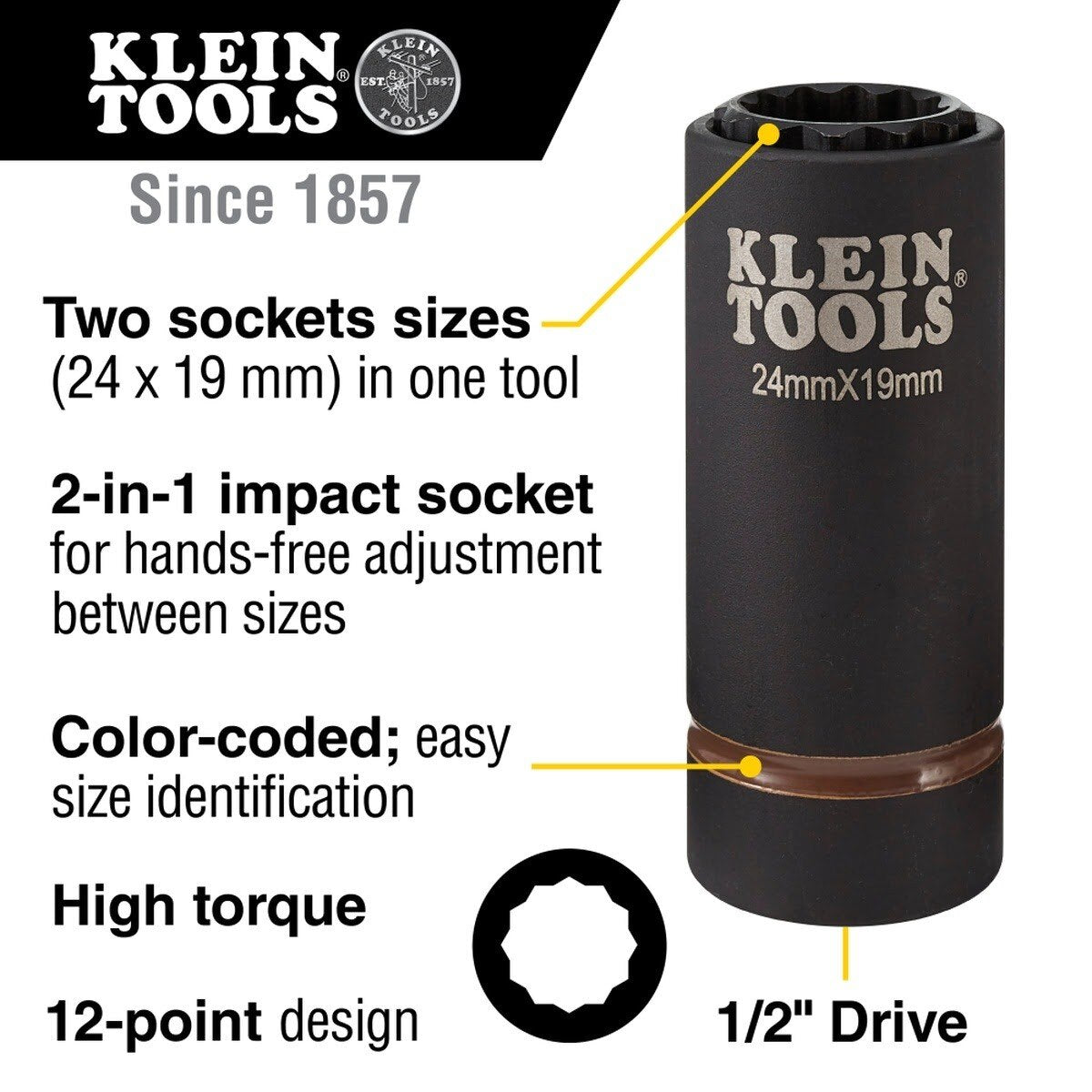 Klein 66052E 2-in-1 Metric 12-Point Impact Socket, 24 x 19 mm, 1/2 in. Drive - 2