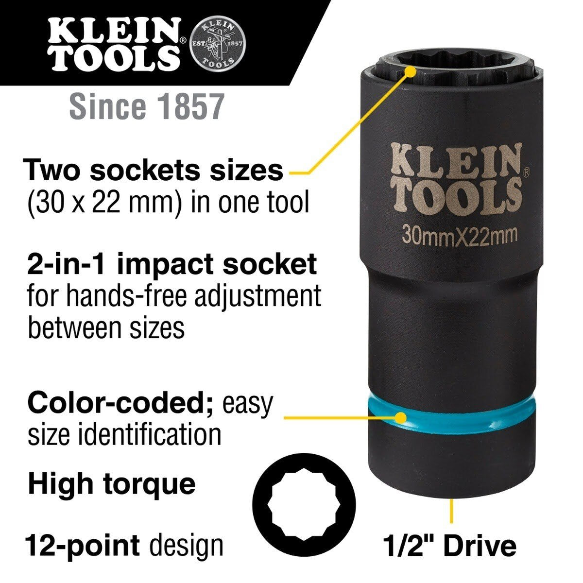 Klein 66053E 2-in-1 Metric Impact Socket, 12-Point, 30 x 22 mm - 2