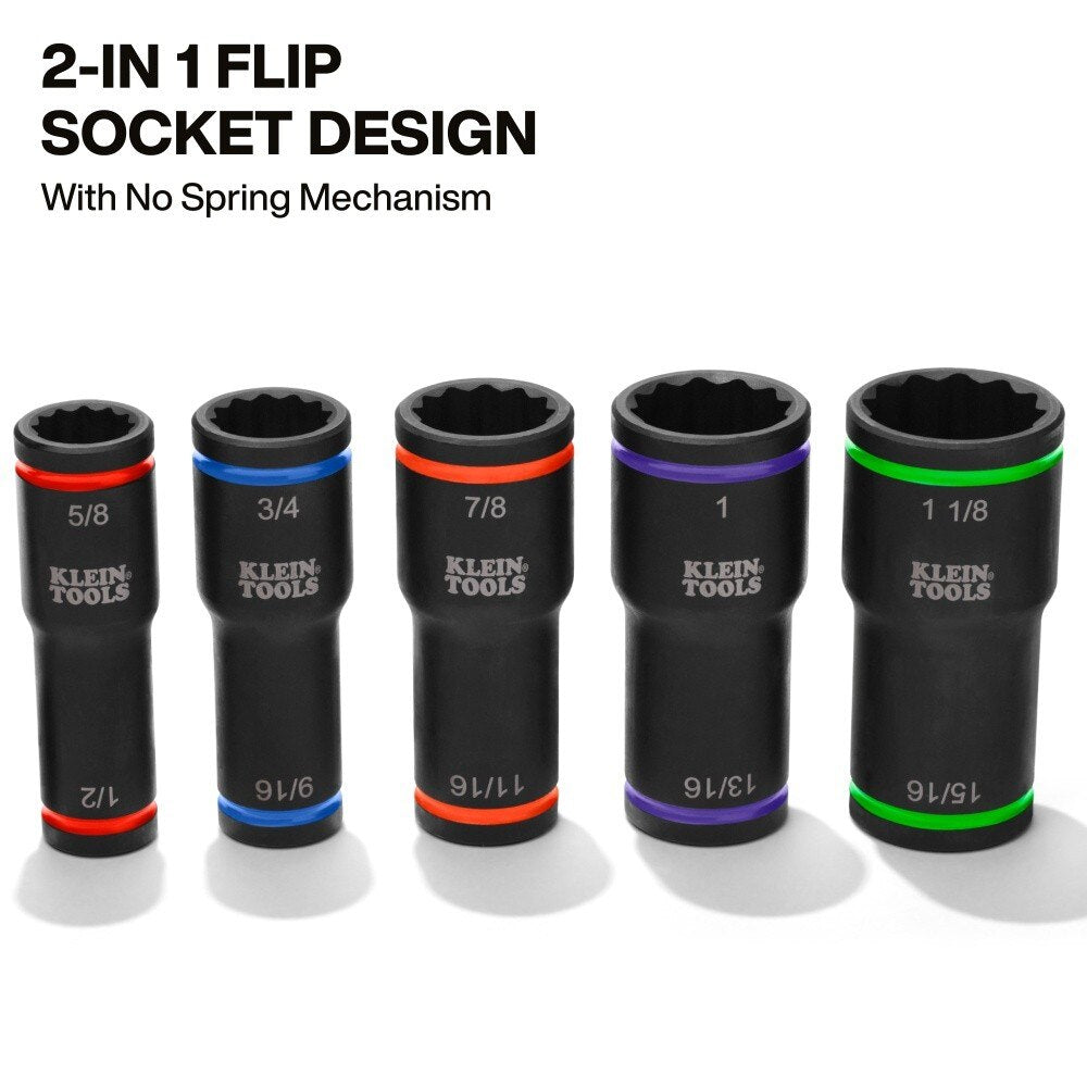 Klein 66055 2-in-1 Impact Flip Socket Set for Linemen with Color ID Bands (5 Piece) - 2