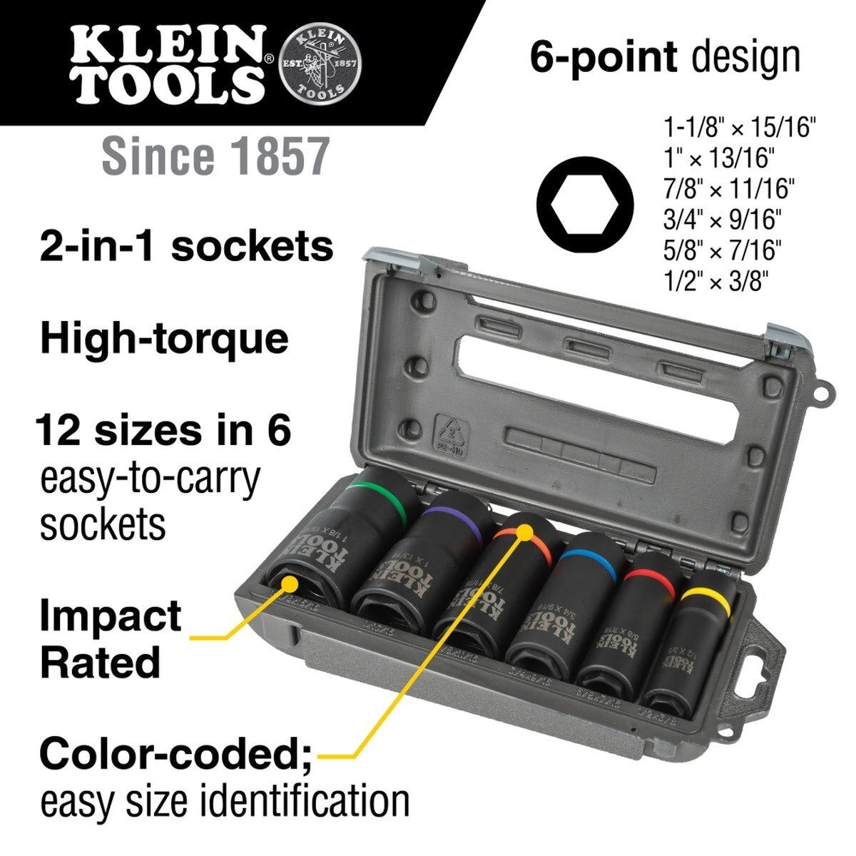 Klein 66060 2-in-1 Impact Socket Set, 6-Point, Deep 1/2 in. Drive (6 Piece) - 2
