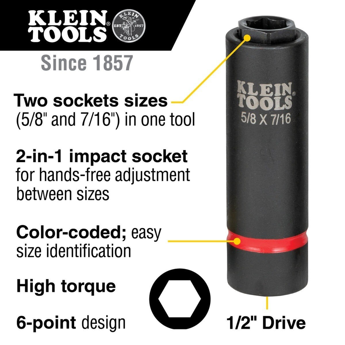 Klein 66062 2-in-1 6-Point Impact Socket, 5/8 in. x 7/16 in., 1/2 in. Drive - 2