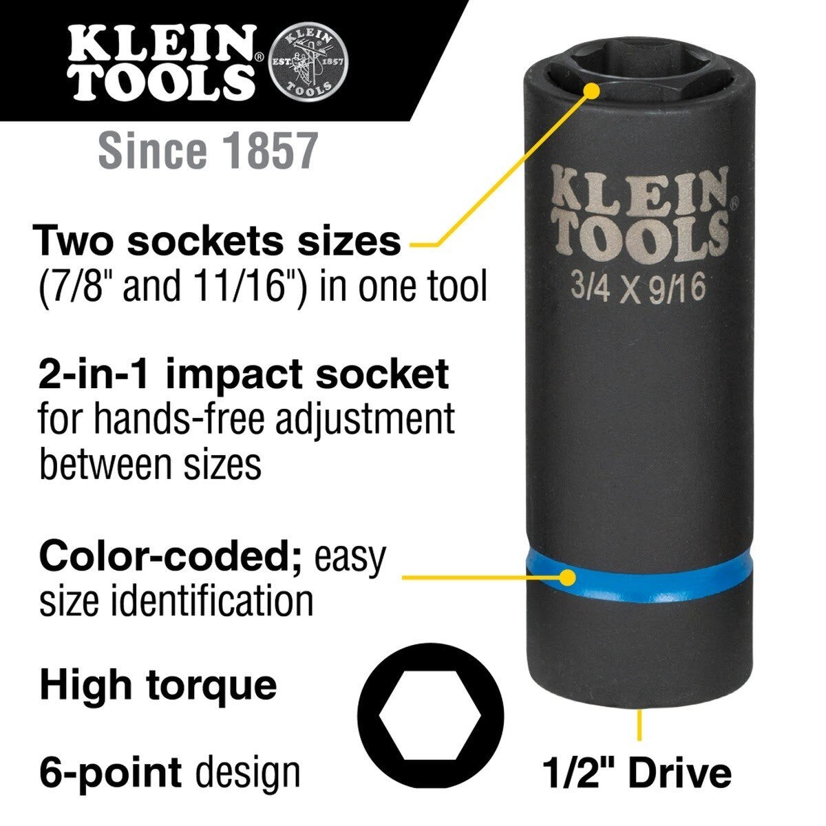 Klein 66064 2-in-1 6-Point Impact Socket, 7/8 x 11/16 in., 1/2 in. Drive - 2