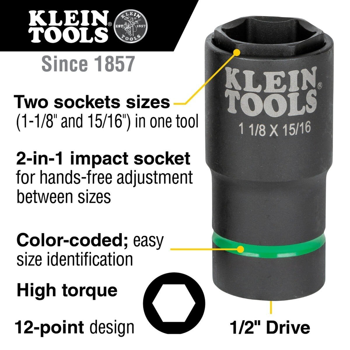 Klein 66066 2-in-1 6-Point Impact Socket, 1-1/8 in. x 15/16 in., 1/2 in. Drive - 2