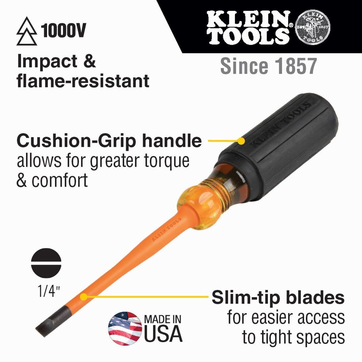 Klein 6926INS Slim-Tip 1000V Insulated 1/4-Inch Cabinet Screwdriver, 6-Inch Shank - 2