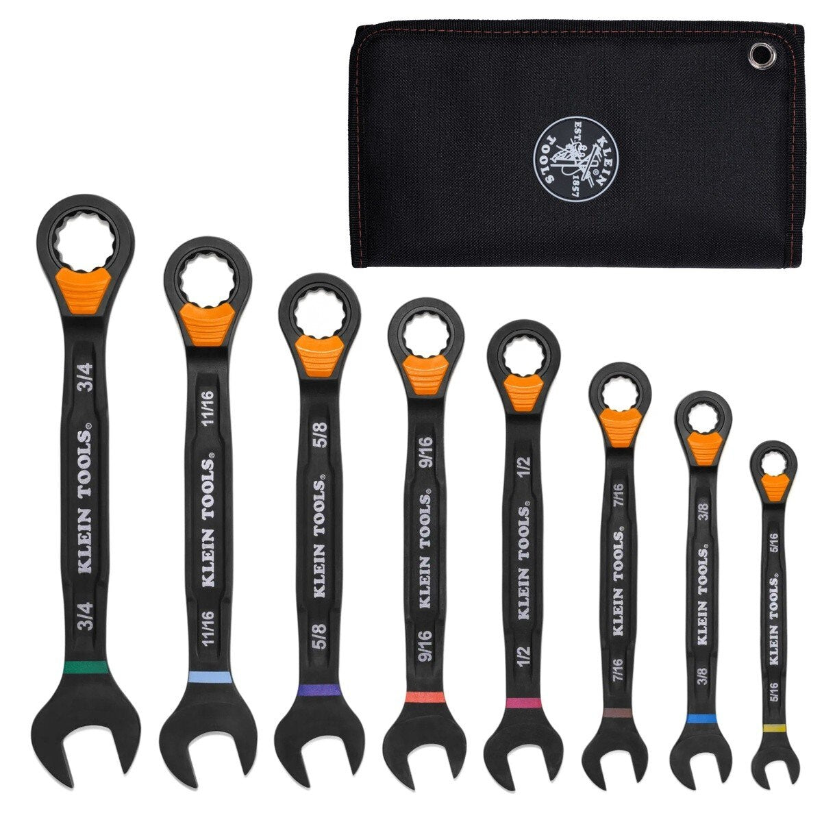 Klein 69508 SAE Ratcheting Combination Slide-Lock Wrench Set 5/16 in. to 3/4 in. with Roll Pouch (8 Piece)