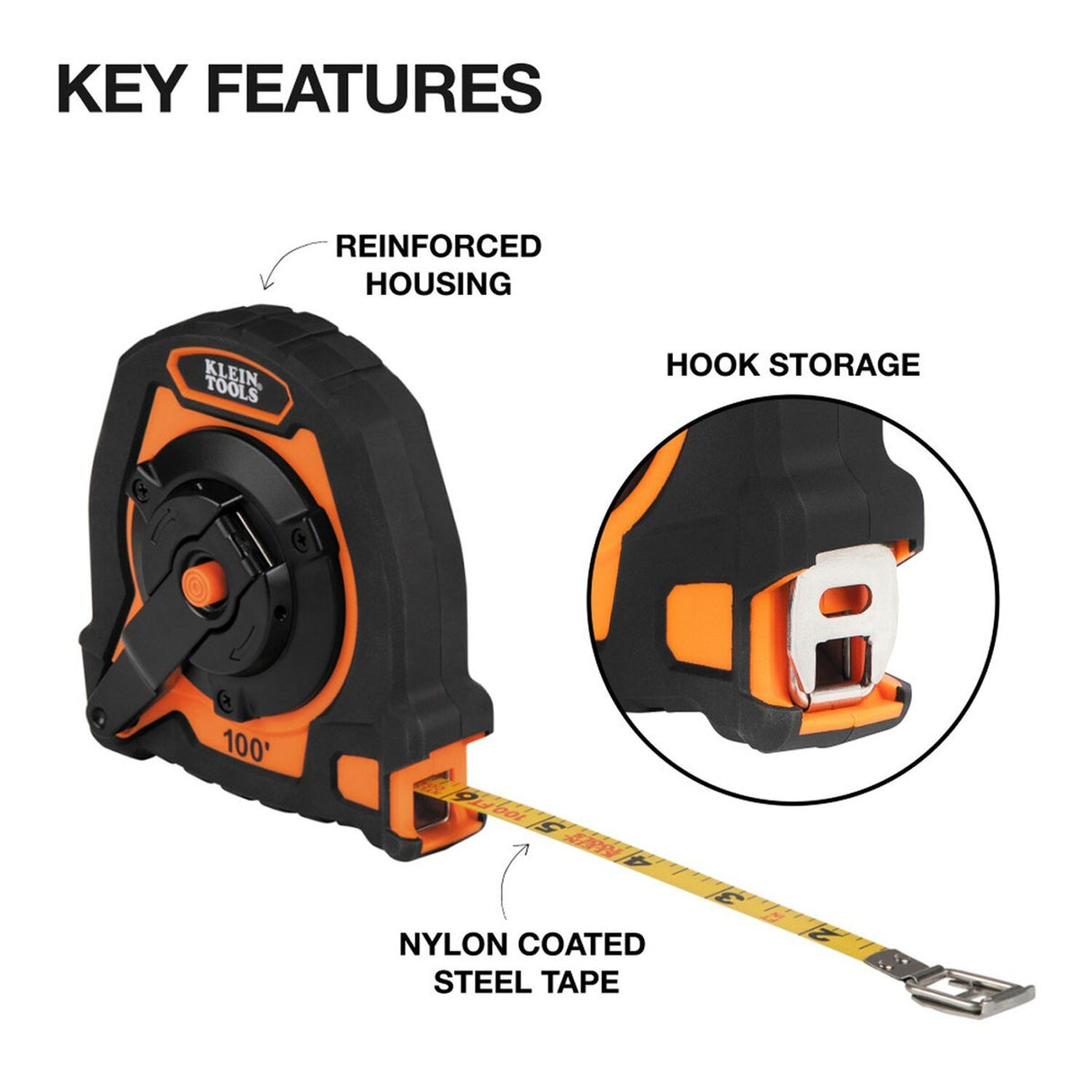 Klein Tools 94100CR Closed Reel Long Tape Measure with 3:1 Gear Ratio and Nylon Coated Steel Tape (100-Foot) - 2