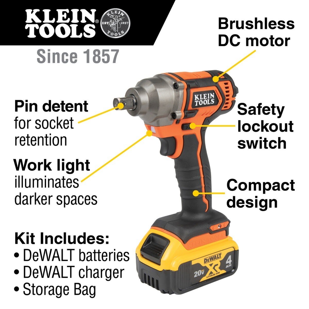 Klein BAT20CW1 Battery-Operated Compact Impact Wrench, 1/2-Inch Detent Pin, Full Kit (2 Batteries) - 2