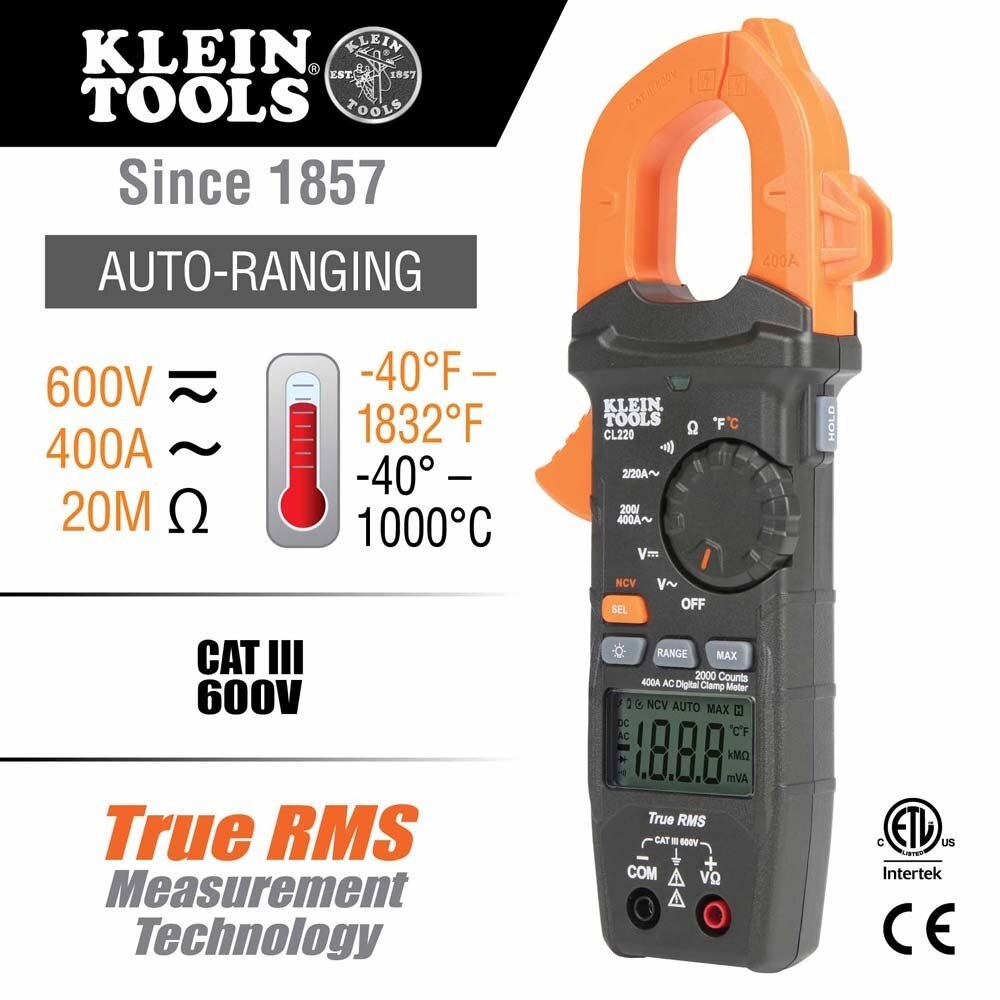 Klein CL220 Digital Clamp Meter, AC Auto-Ranging 400 Amp with Temp - 2