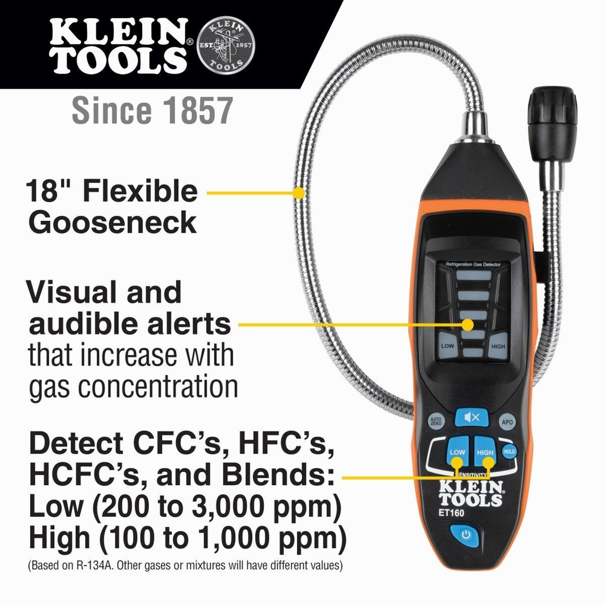 Klein ET160 Refrigerant Gas Leak Detector with 18 in. Gooseneck and Audible/Visual Alarms (Each) - 2