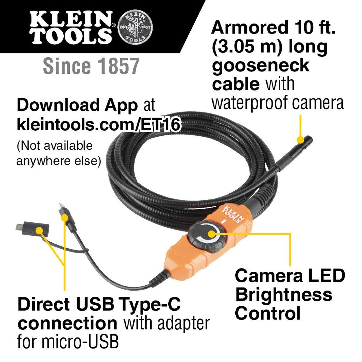 Klein ET16 Borescope for Android Devices with 10 ft Gooseneck and USB-C/Micro-USB Connection - 8