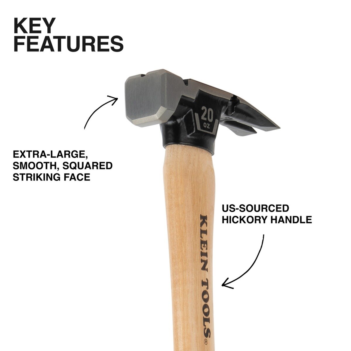 Klein H80920HS Smooth Face Hickory Handle Straight-Claw Hammer, 20-Ounce - 2