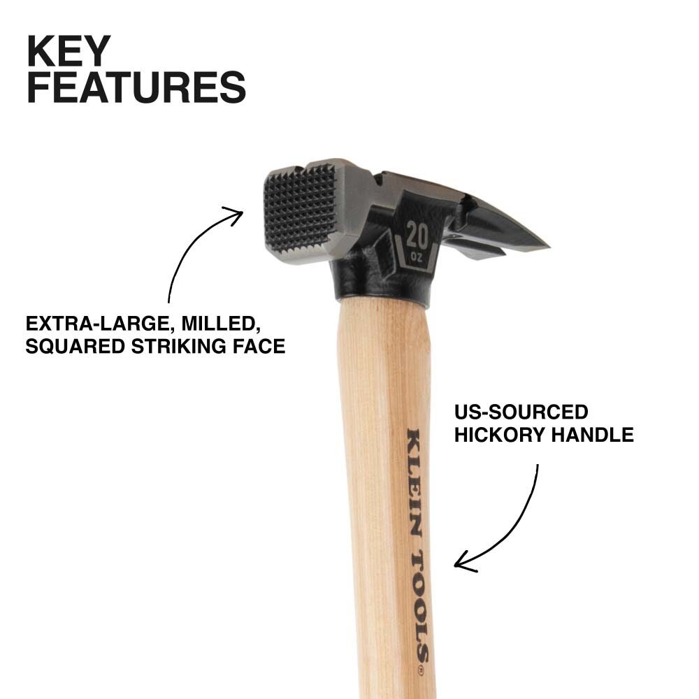Klein H80920H Milled Face Hickory Handle Hammer, 20-Ounce - 2