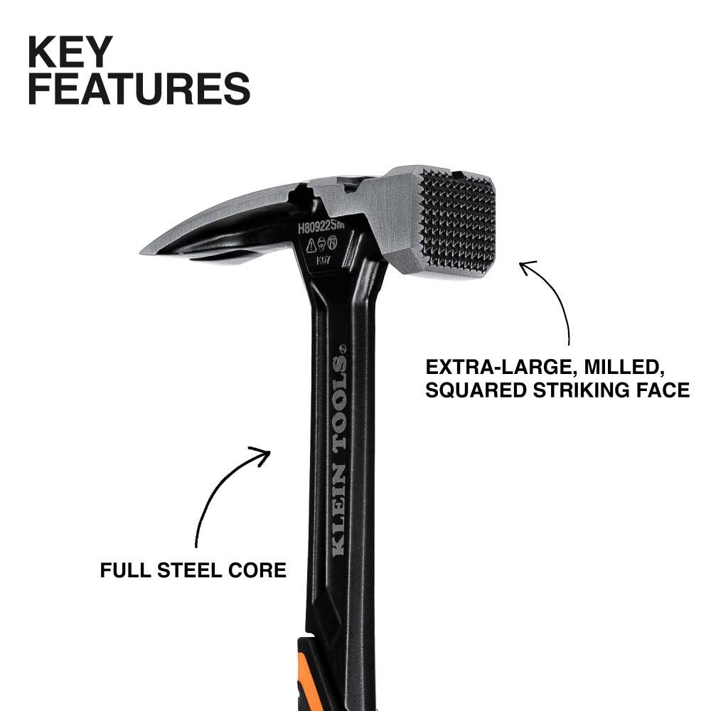 Klein H80922SM Milled Face Steel Claw Hammer, 22-Ounce - 2