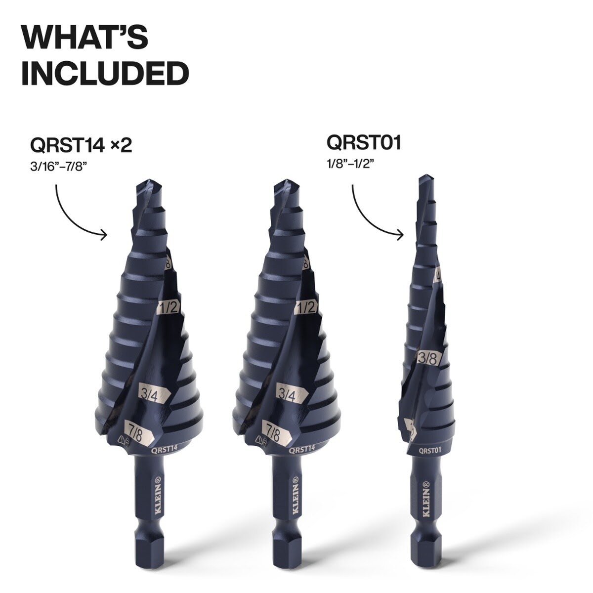 Klein QRST2S Step Drill Bit Set, Quick-Release, Straight, Double Fluted (3 Piece) - 2