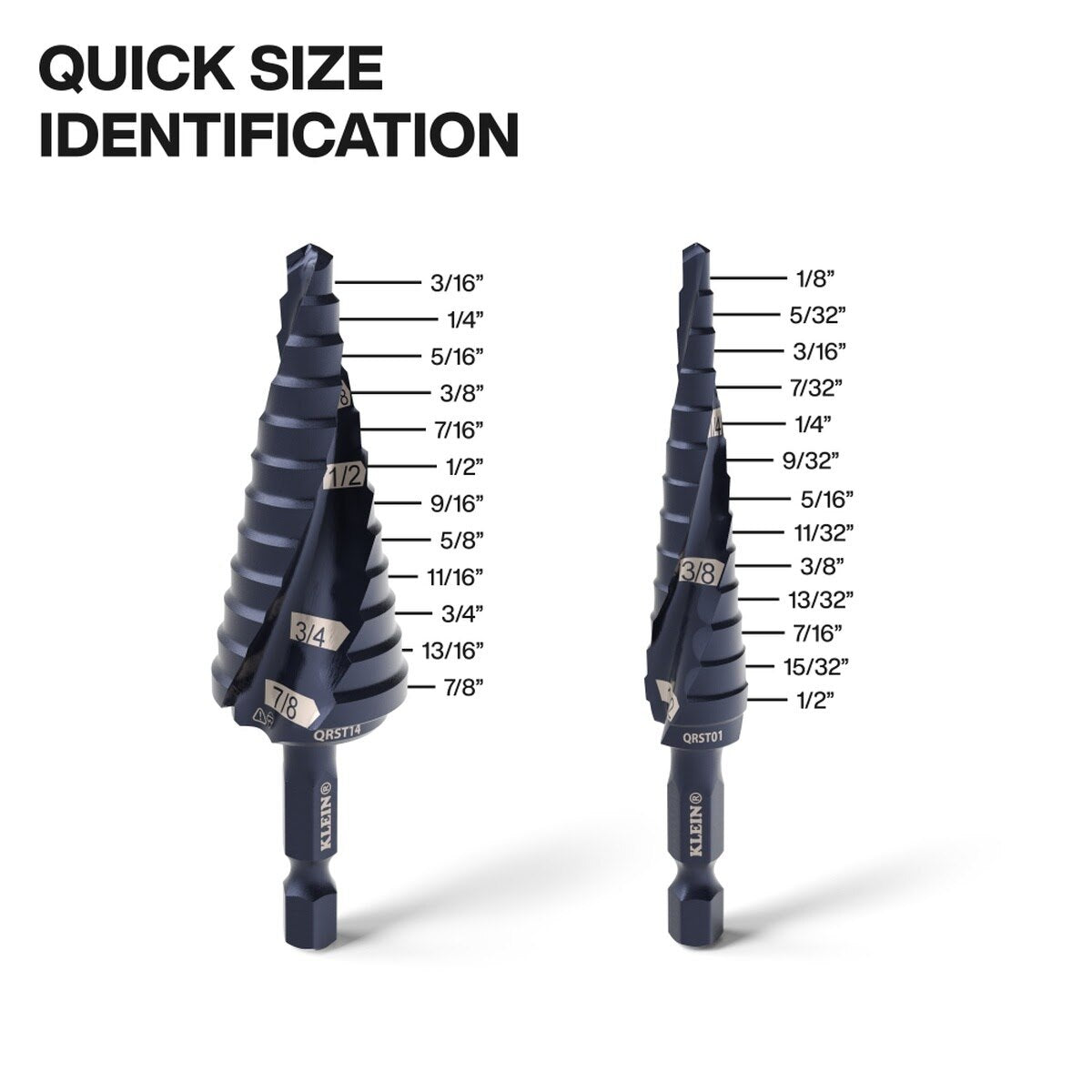 Klein QRST2S Step Drill Bit Set, Quick-Release, Straight, Double Fluted (3 Piece) - 3