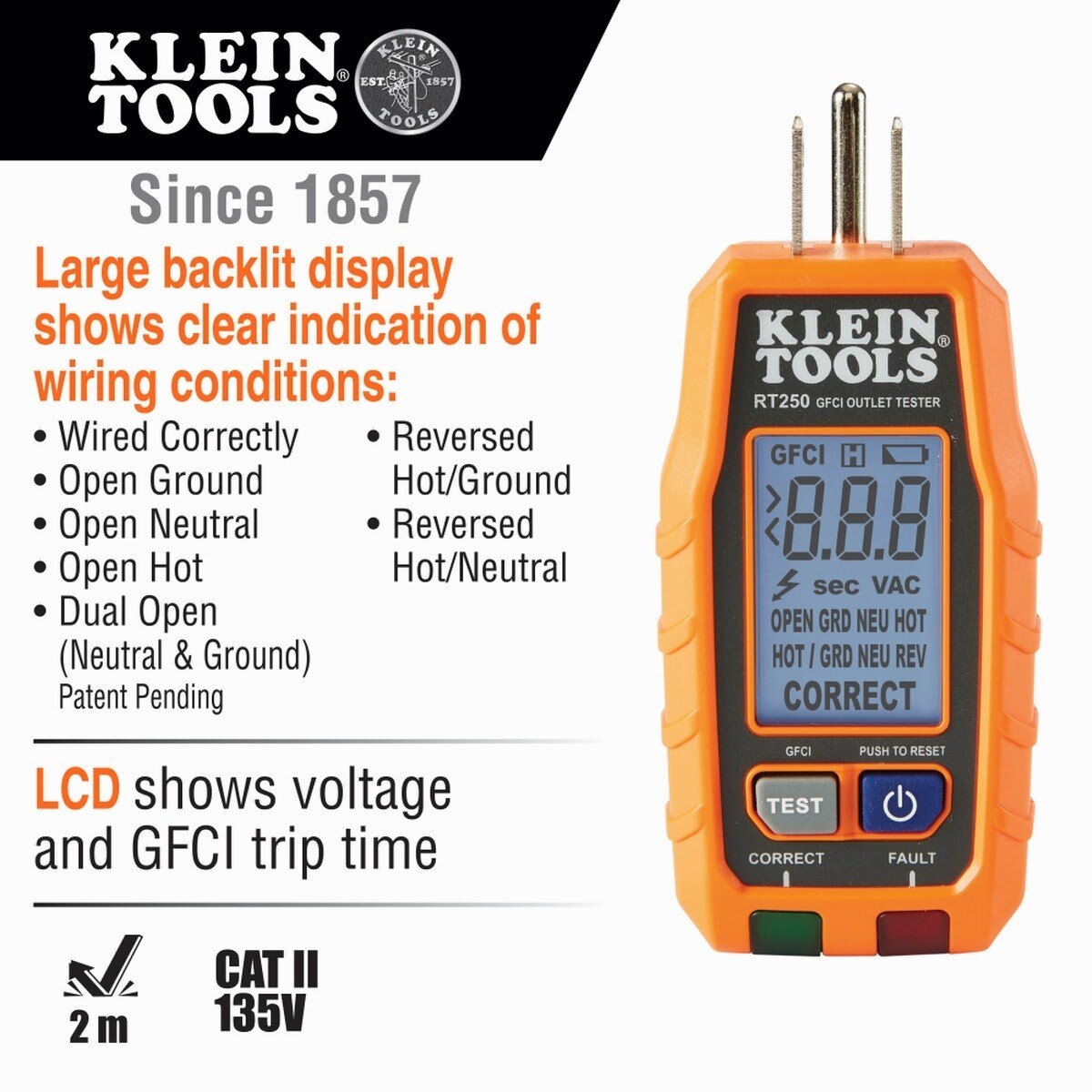 Klein RT250KIT Premium Dual-Range NCVT and GFCI Receptacle Tester Electrical Test Kit (4 x AAA Batteries) - 2