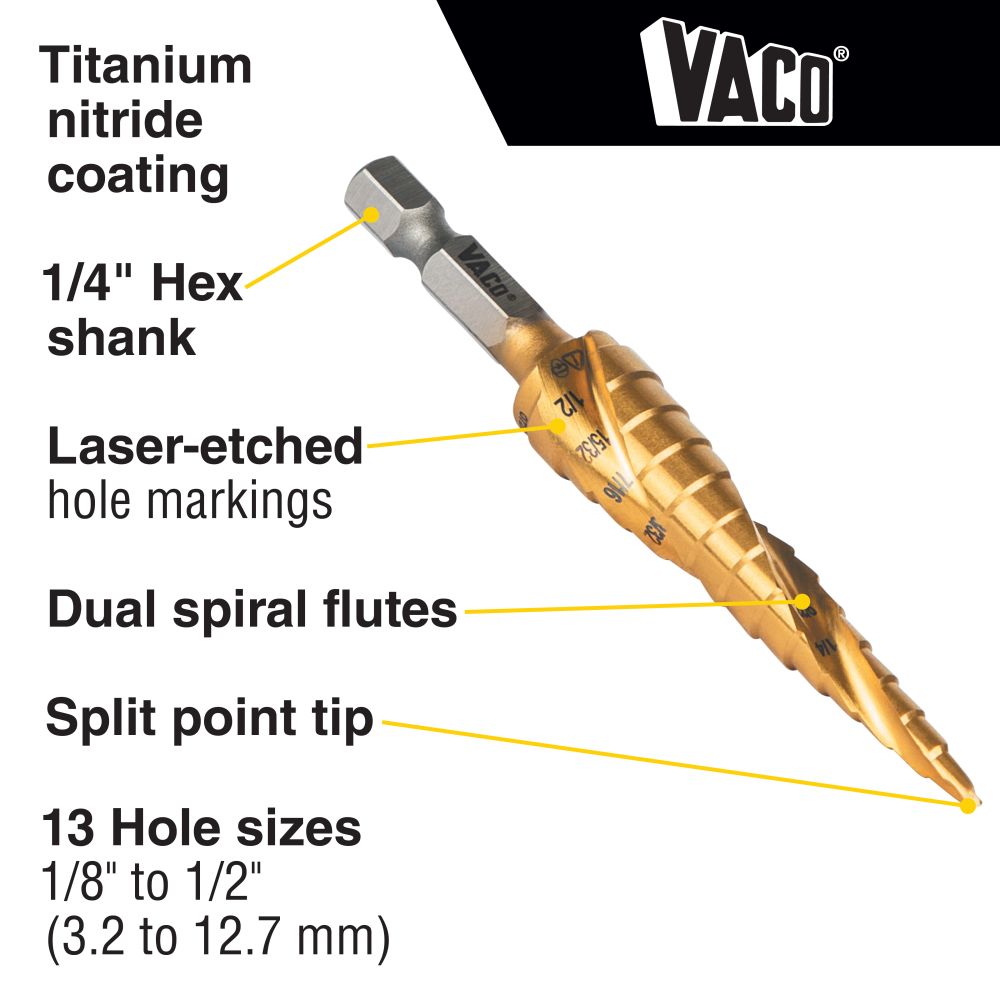 Klein 25964 Step Drill Bit, Spiral Double-Fluted, 1/8" to 1/2", VACO - 2