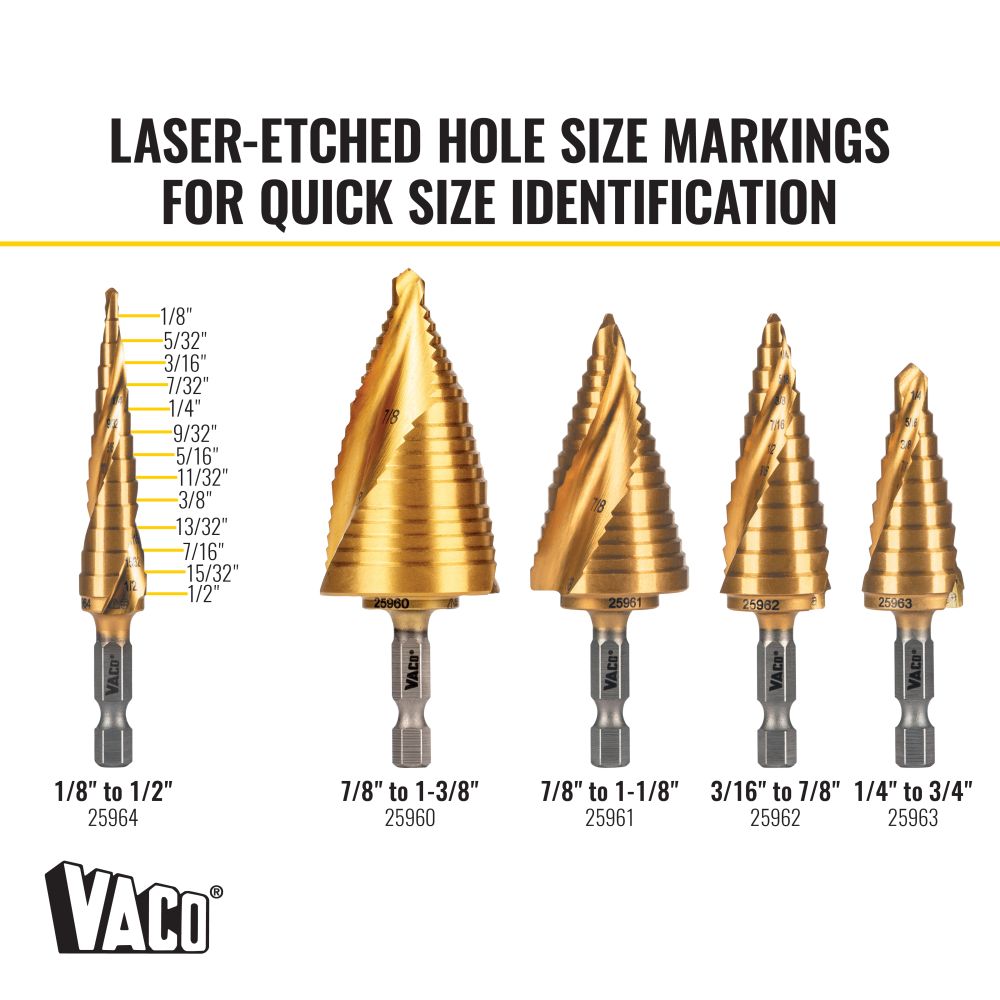 Klein 25964 Step Drill Bit, Spiral Double-Fluted, 1/8" to 1/2", VACO - 3