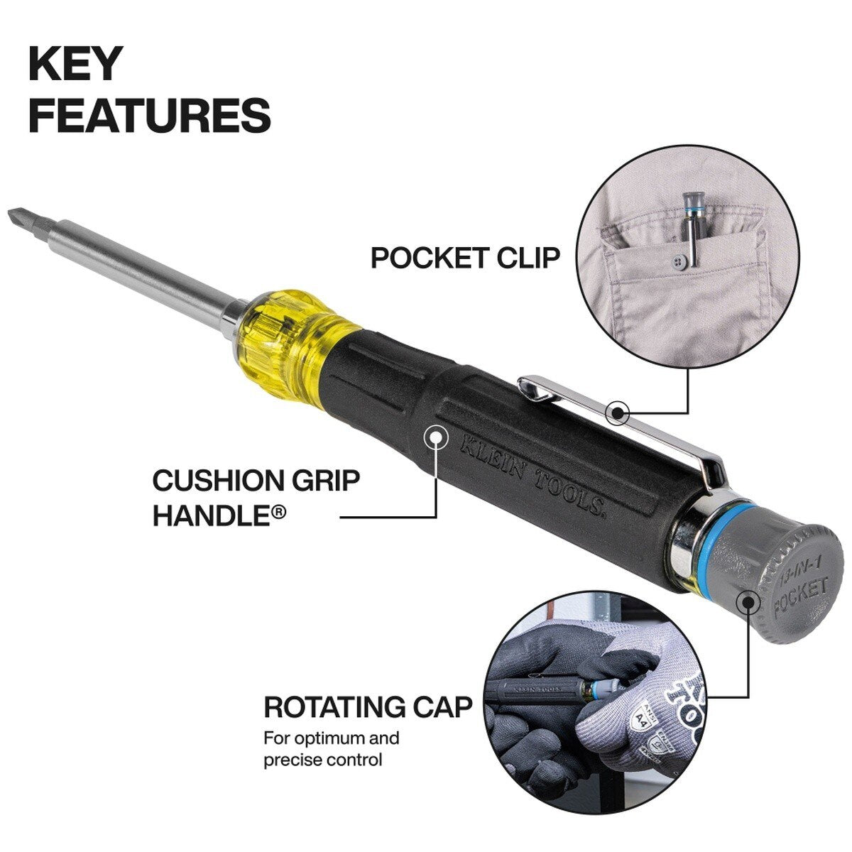 Klein Tools 32611P 13-in-1 Multi-Bit Pocket Precision Screwdriver with Spin Cap and Cushion-Grip Handle (1 Piece) - 3
