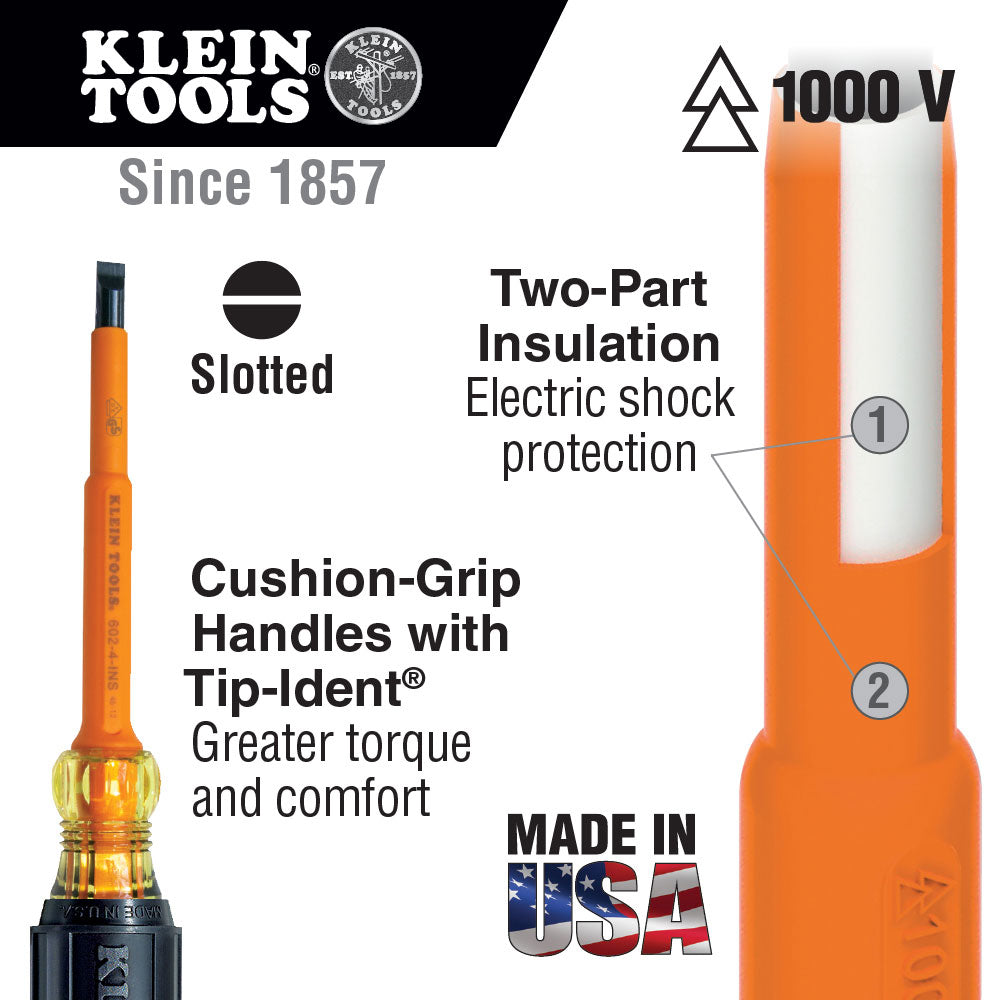 Klein Tools 601-4-INS Insulated Screwdriver, 3/16" Cabinet, 4" - 2
