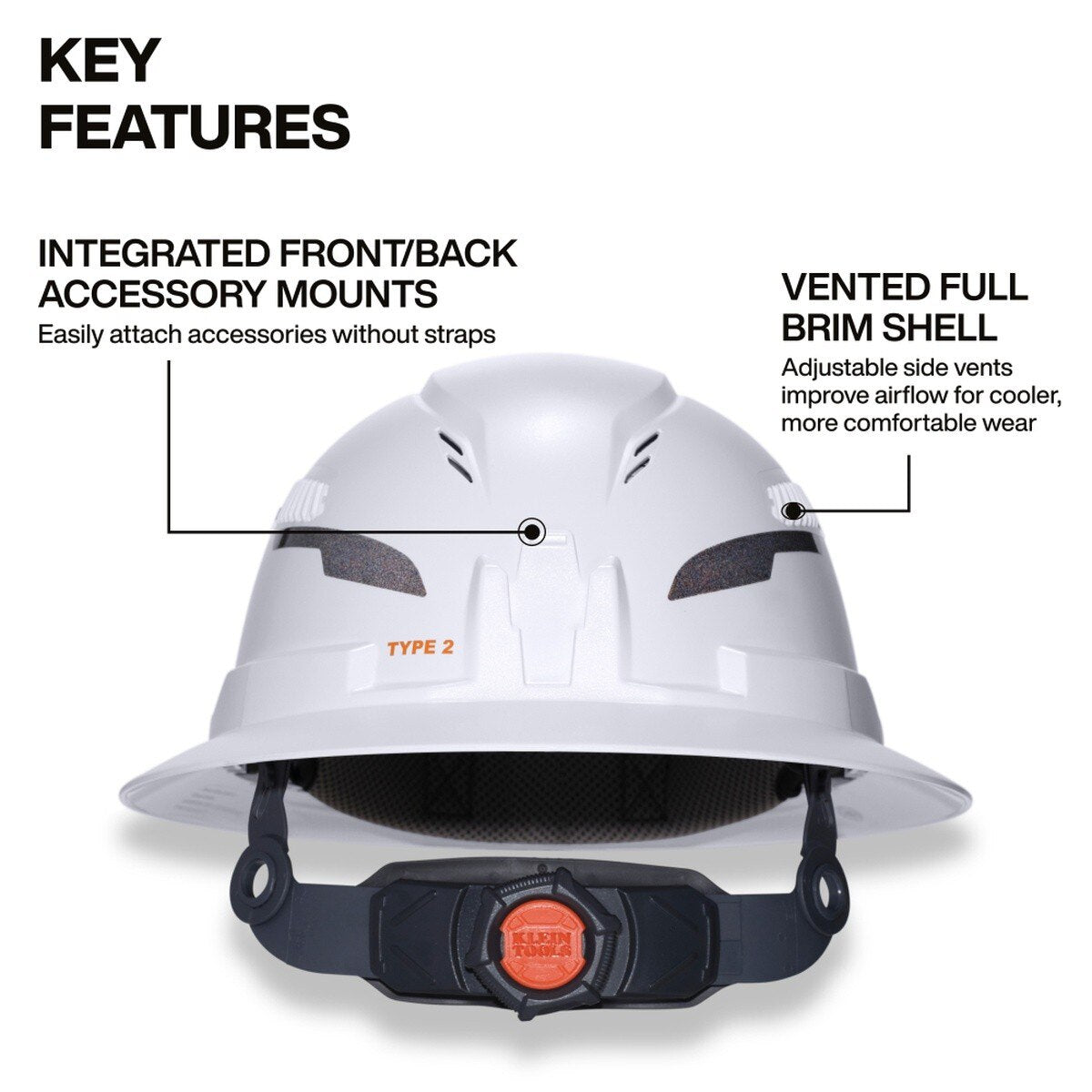 Klein Tools 60407T2RL Type 2 Vented Full Brim Hard Hat with Rechargeable Headlamp, White - 2