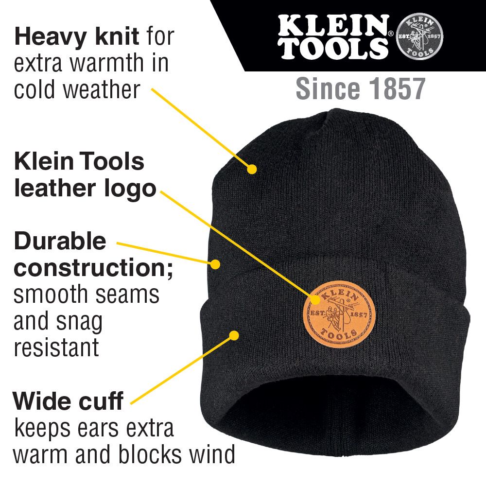 Klein 60569 Heavy Knit Hat, Black, Leather Logo - 5