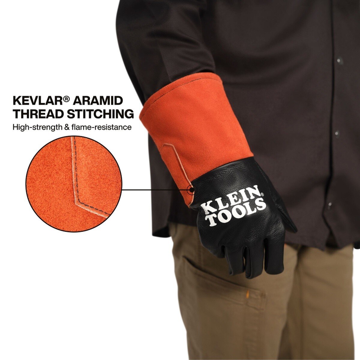 Klein Tools 60912 TIG Welding Gloves Large, 13 in. Length Cowhide Leather with Wide Cuff and Kevlar Aramid Stitching - 4