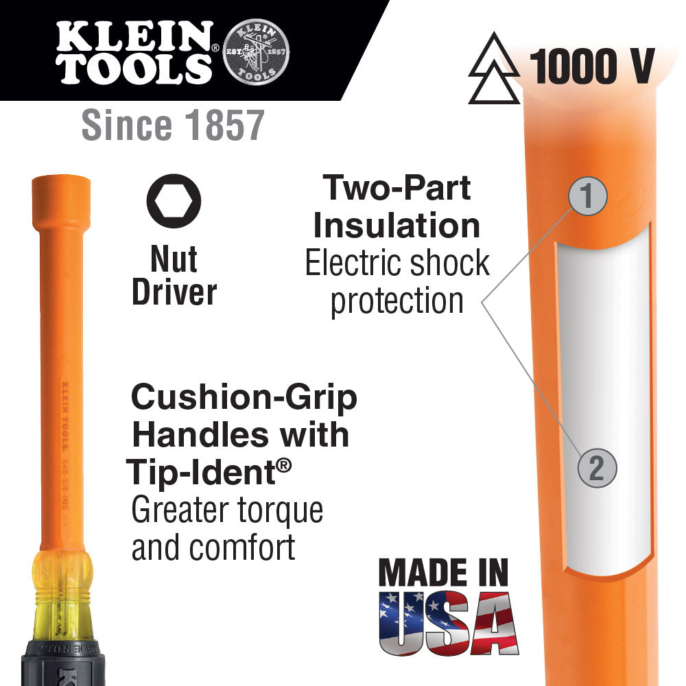 Klein Tools 646-5/8-INS 5/8" Insulated Nut Driver, 6" Hollow Shaft - 2