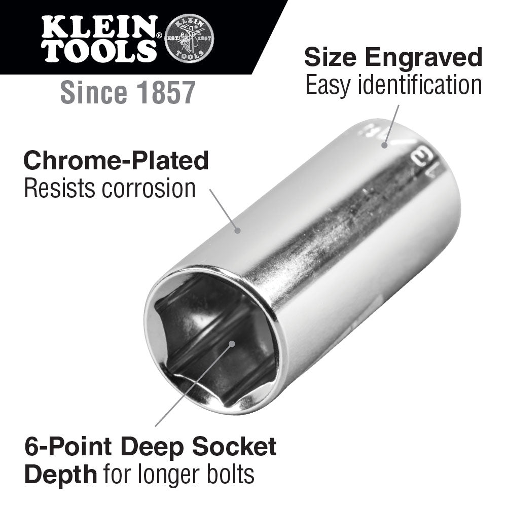 Klein Tools 65713 9/16" Deep 6-Point Socket, 3/8" Drive - 5