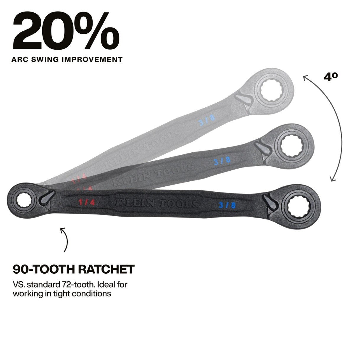 Klein Tools 68214 4-in-1 Ratcheting Box Wrench, Closed Box Ends, 1/4, 5/16, 3/8, 7/16 SAE, 6.5 in. Length (1 Pack) - 3