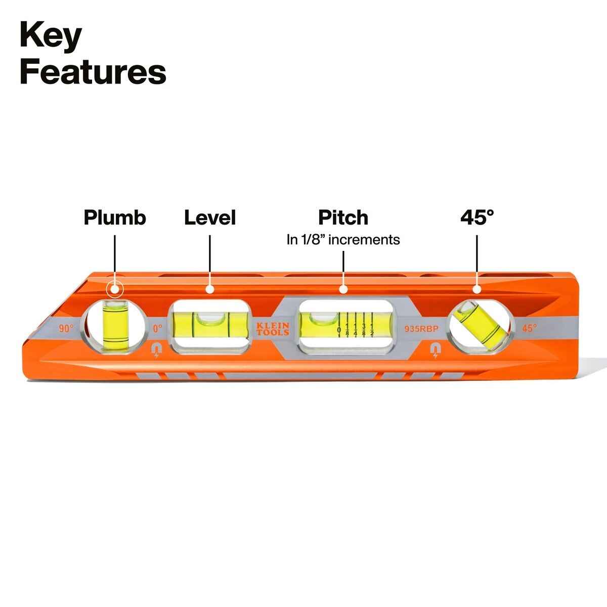 Klein Tools 935RBP 8" Magnetic Pitch Vial Torpedo Level with 4 Vials - 2