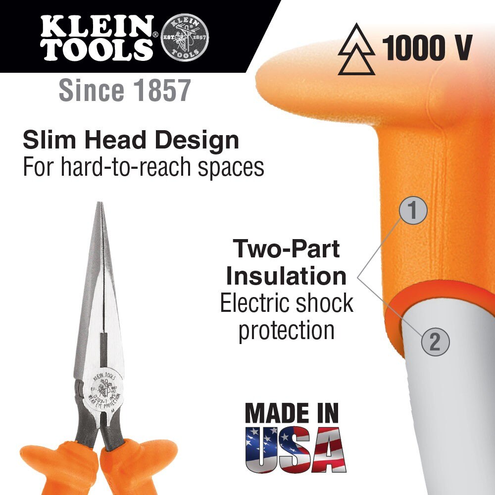 Klein Tools D203-7-INS Pliers, Long Nose Side-Cutters, Insulated, 7" - 2
