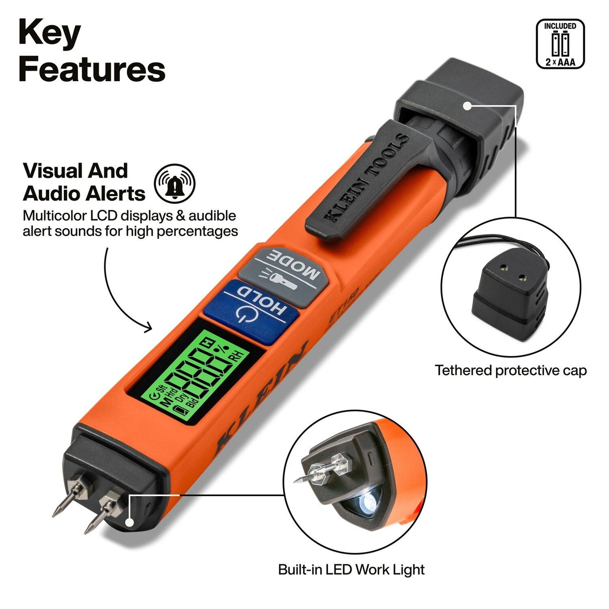 Klein ET150 Pin Moisture Meter with 8mm Pins and Color Coded Backlit Display - 2