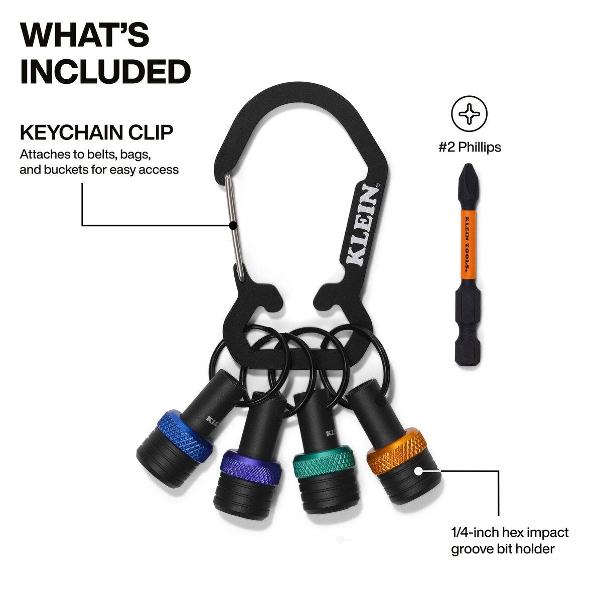 Klein Tools K33850 1/4" Hex Bit Holder Keychain Set 4.99" Long with Auto-Lock Collar (5-Piece) - 2
