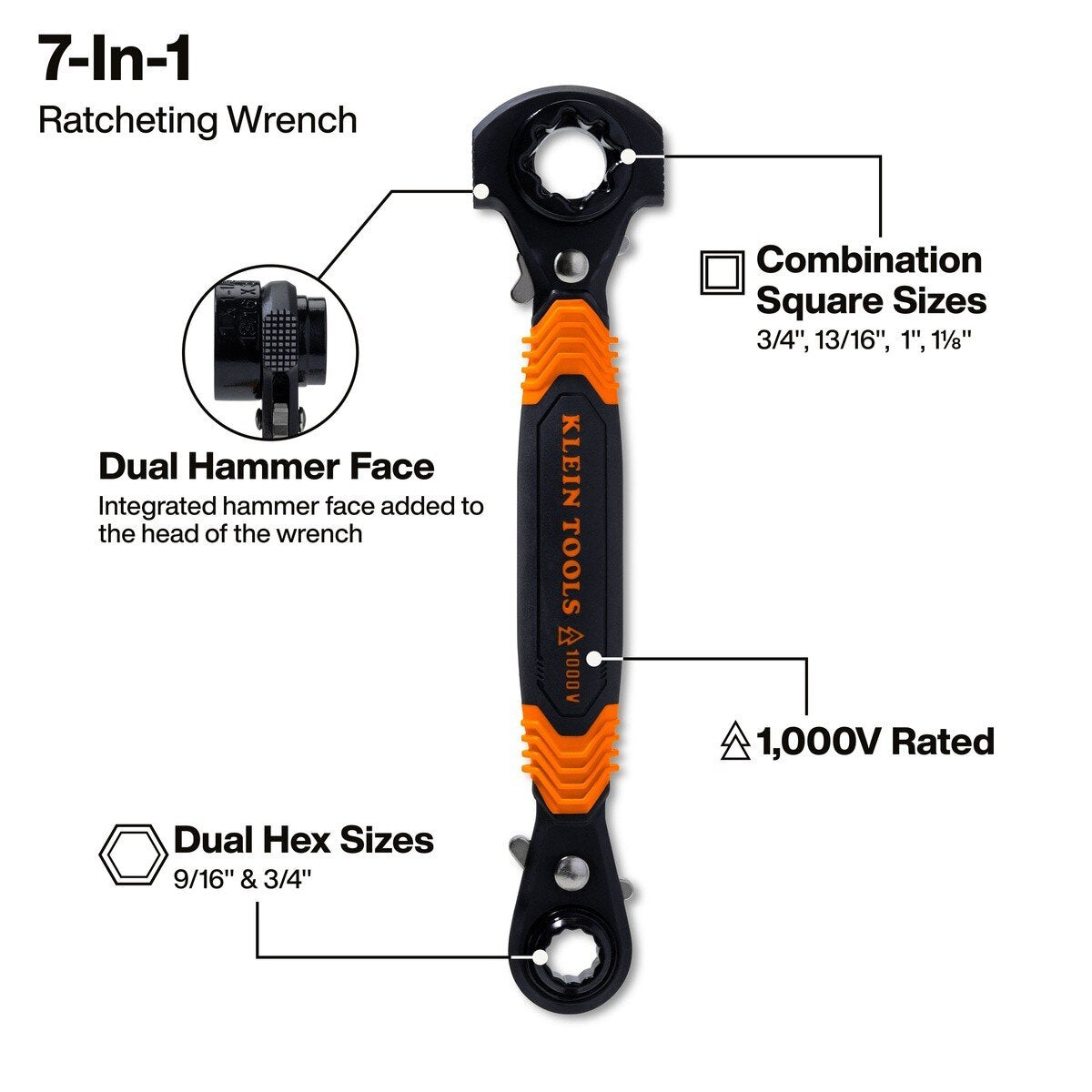 Klein Tools KT175HFINS 7-in-1 Insulated Lineman Ratcheting Wrench with Hammer Faces 11.36" - 2