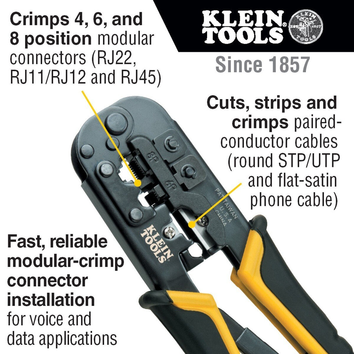 Klein Tools VDV226011SEN Ratcheting Modular Crimper and Stripper for RJ11 RJ12 RJ45 Connectors (1 Pack) - 2