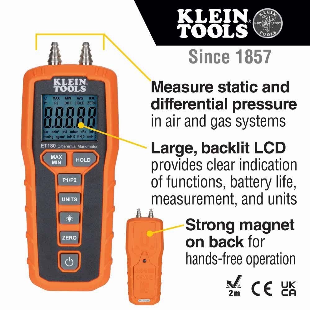 Klein Tools ET180 Digital Differential Manometer with Backlit LCD and Magnetic Mount (1 Each) - 7