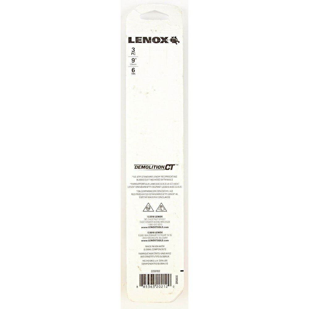 Lenox 2059102 Demolition CT 9" x 1" x .050" Carbide Tipped Recip Saw Blade - 2