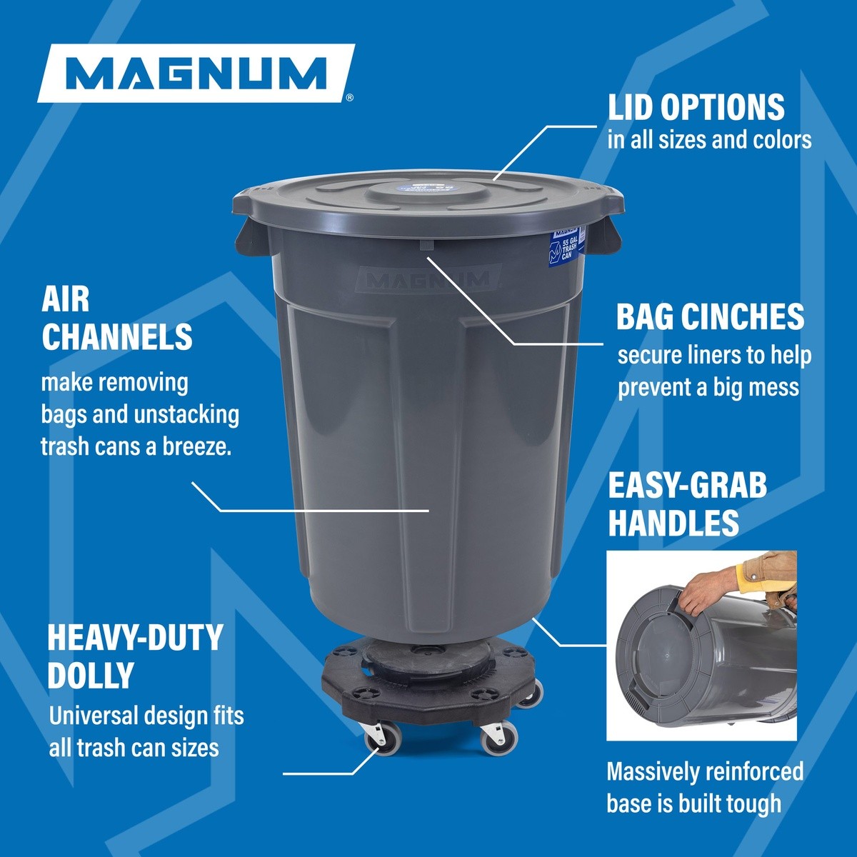 Magnum Tool CMTC-K-55G Magnum Pro Series 55 Gallon Plastic Trash Can Grey with Lid and Dolly (48 Set Pallet) - 2