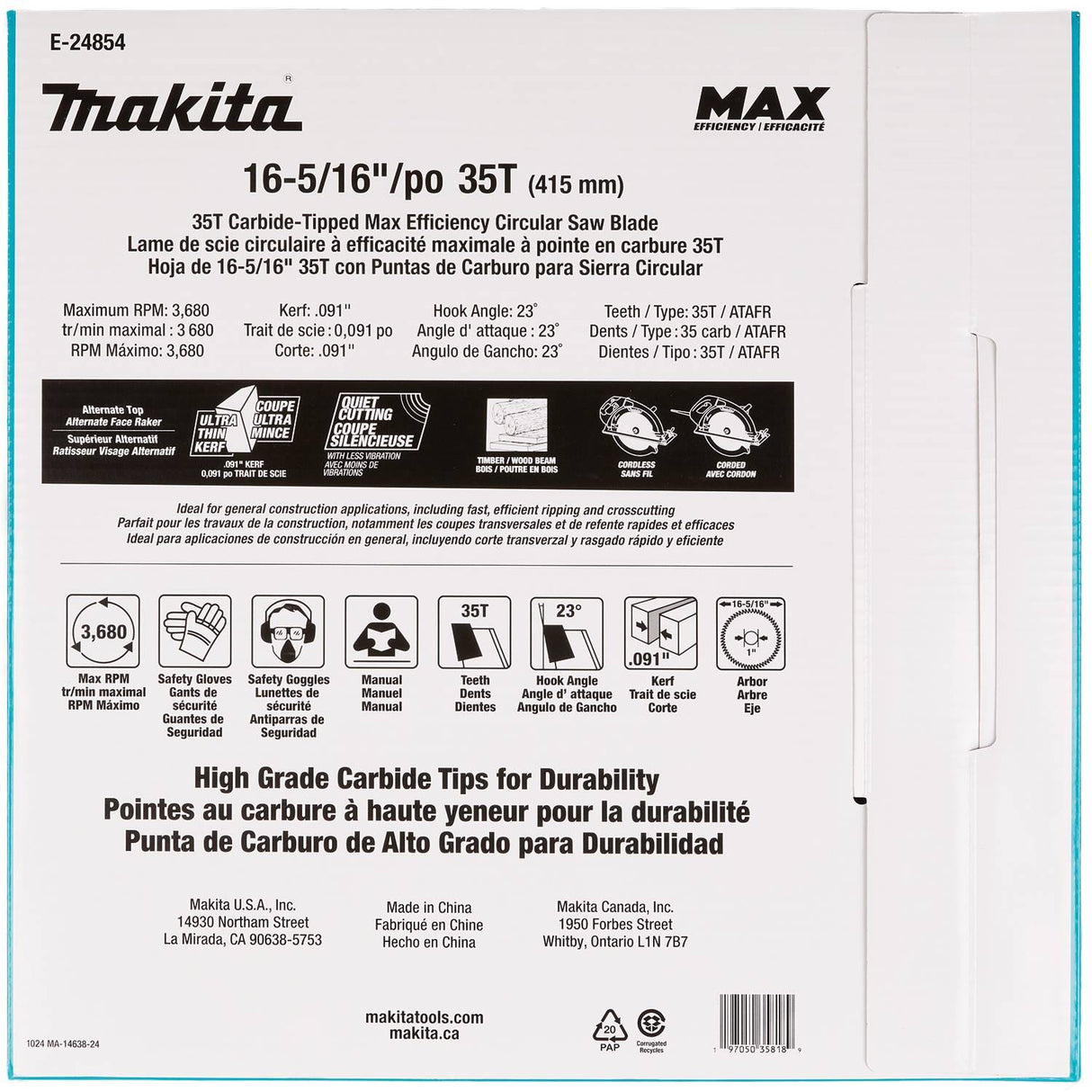 Makita E-24854 16-5/16" 35T Carbide Tipped Max Efficiency Ultra Thin Kerf Circular Saw Blade - 3