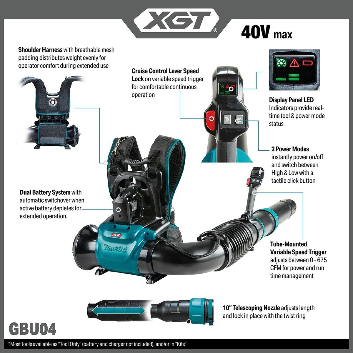 Makita GBU04Z 40V Max XGT Brushless Backpack Blower Tool Only - 2