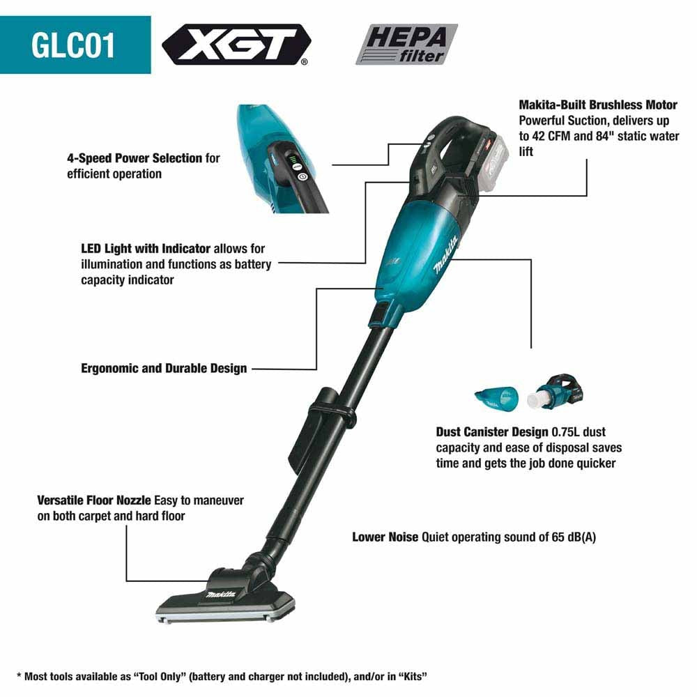 Makita GLC01M1 40V Max XGT Brushless Cordless 4-Speed HEPA Filter Compact Stick Vacuum Kit, with one battery (4.0Ah) - 2