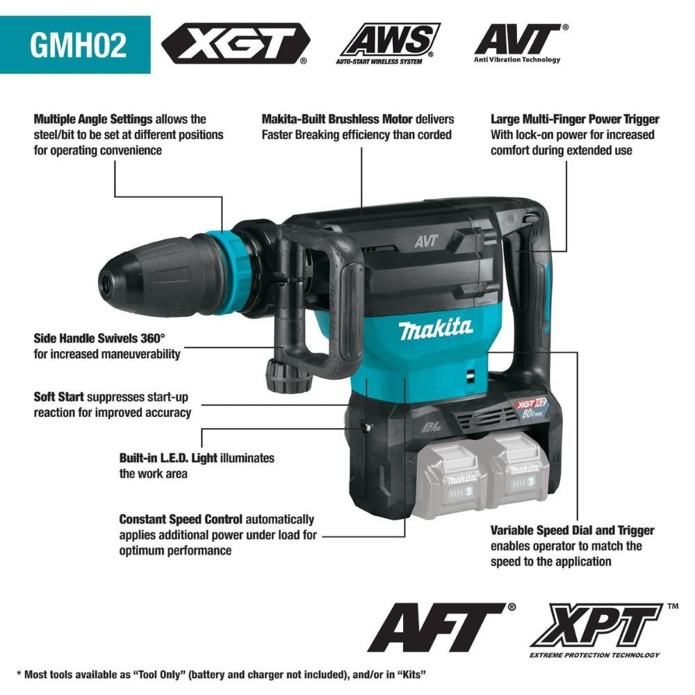 Makita GMH02Z 80V max (40V max X2) XGT Brushless 28 lb. AVT Demolition Hammer, accepts SDS-MAX bits, AWS Capable (Tool Only) - 2